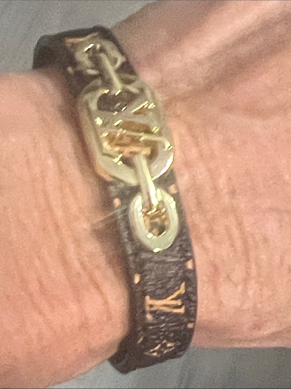 Gold-Tone Link Brown Leather Bracelet with Monogram Accent